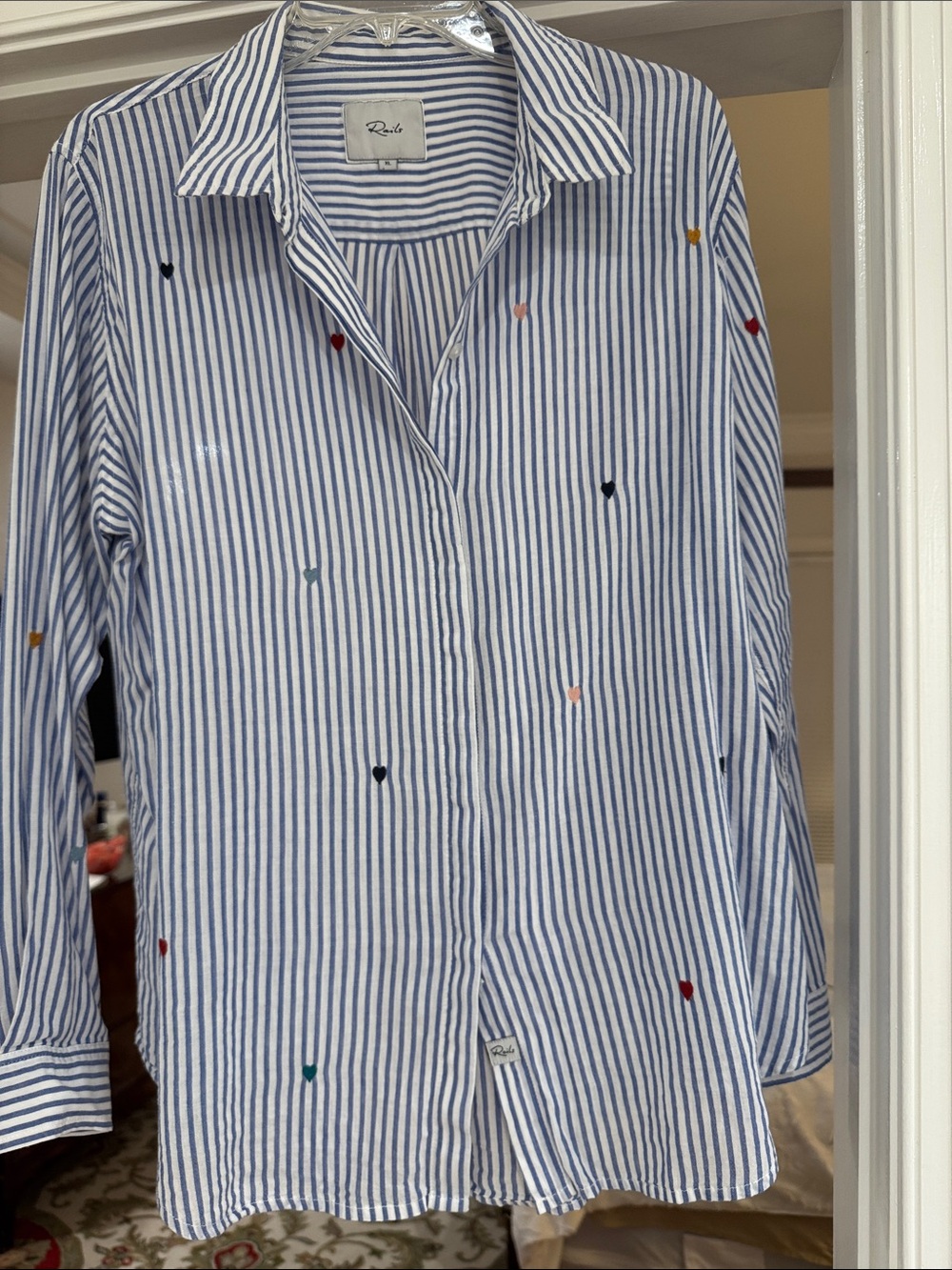 Rails Women's Blue Striped Button-Down Shirt with Embroidered Hearts